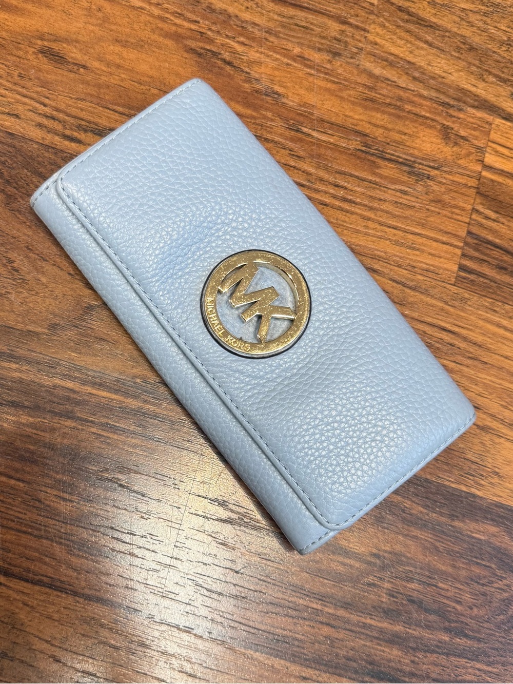 Michael Kors Pale Blue Pebbled Leather Wallet with Gold MK Emblem